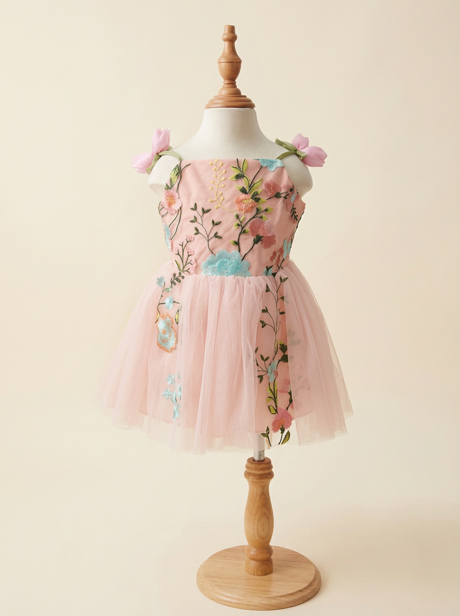 Enchanted Dusk, a peach embroidered tulle dress for little girls