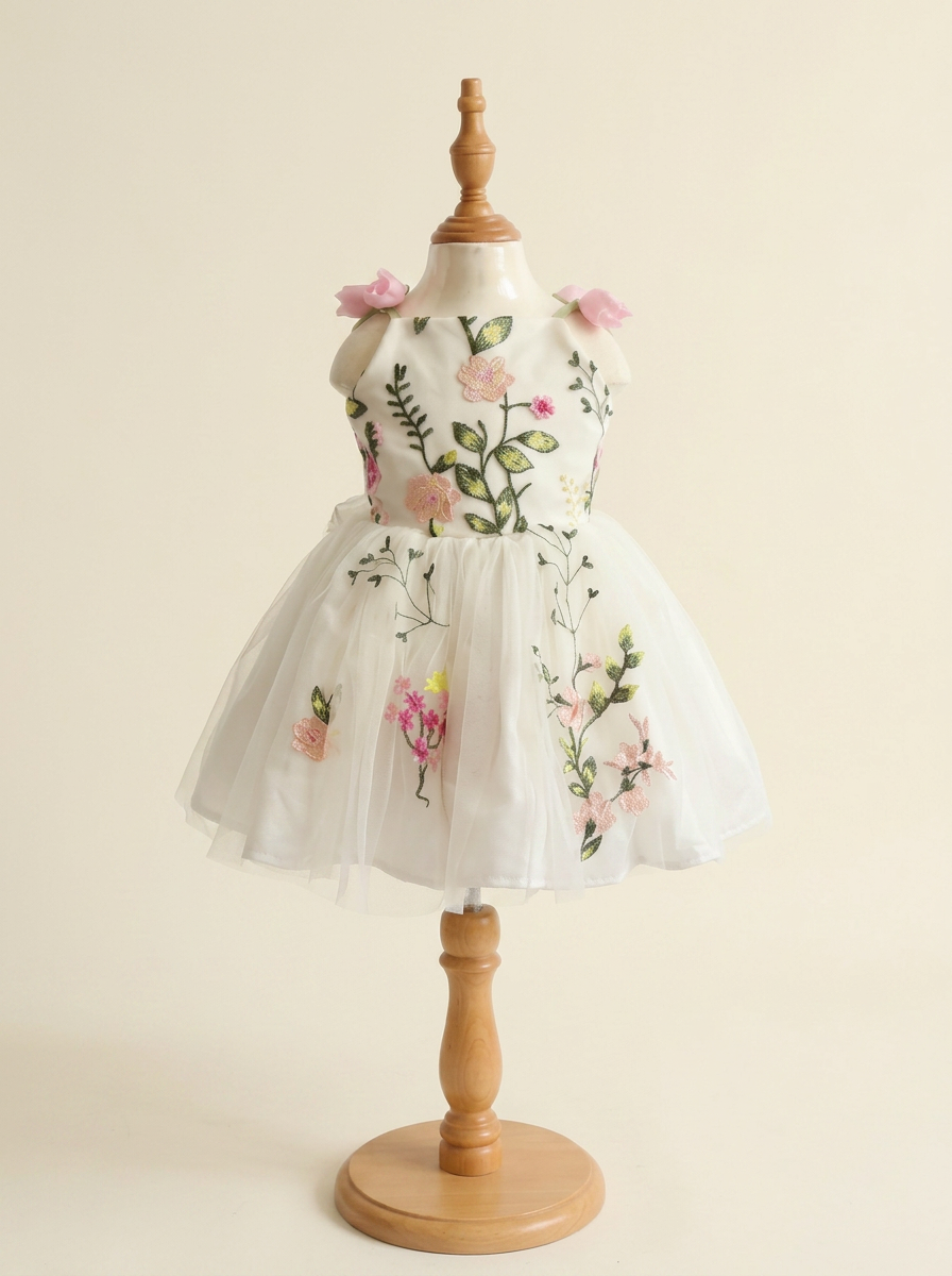 Enchanted Frost, a white embroidered tulle dress for little girls