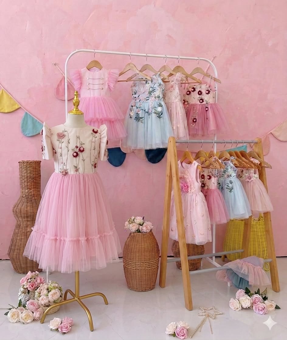 Sweet Little Things dresses hanging on wooden racks in a soft pink studio with flowers and bunting