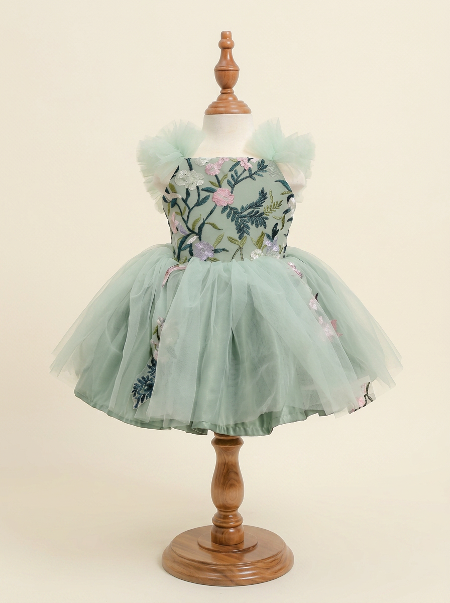 Enchanted Garden, a green embroidered tulle dress for little girls