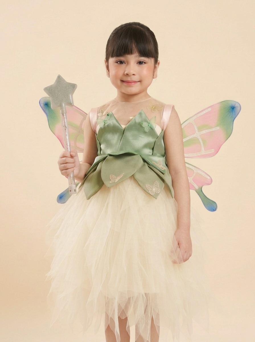 Tinkerbell fairy costume with sage green petals, butterflies and wings