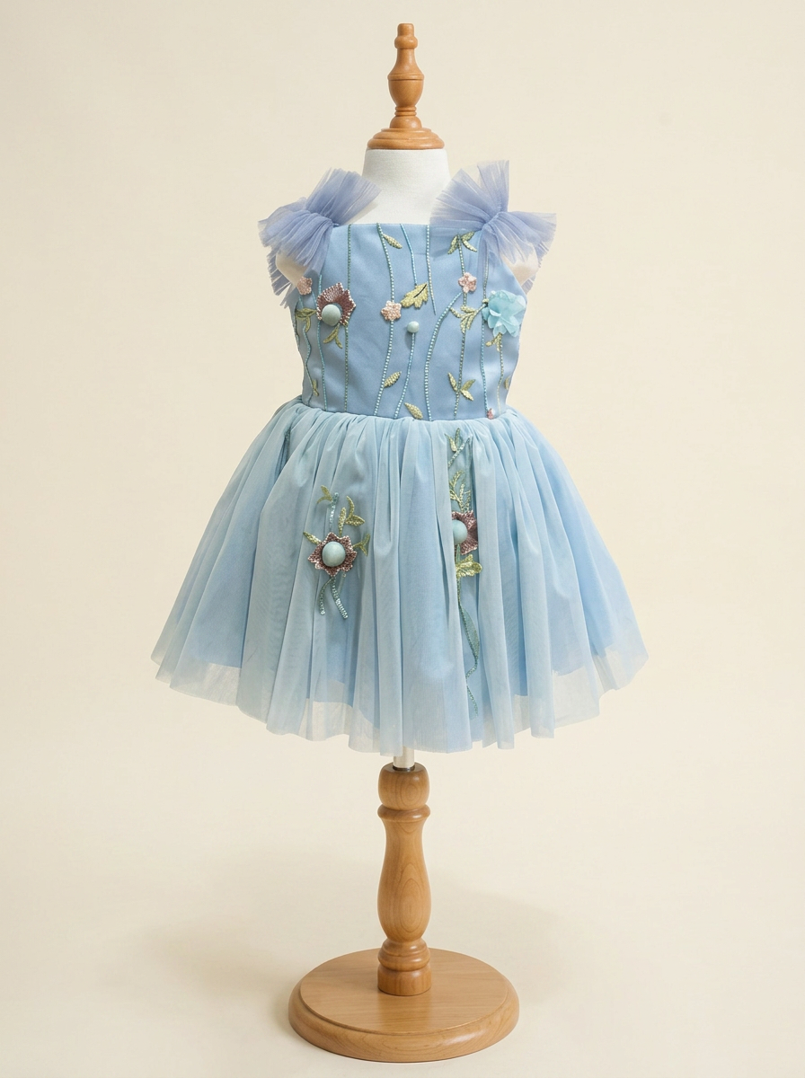 Enchanted Dream, a blue embroidered tulle dress for little girls