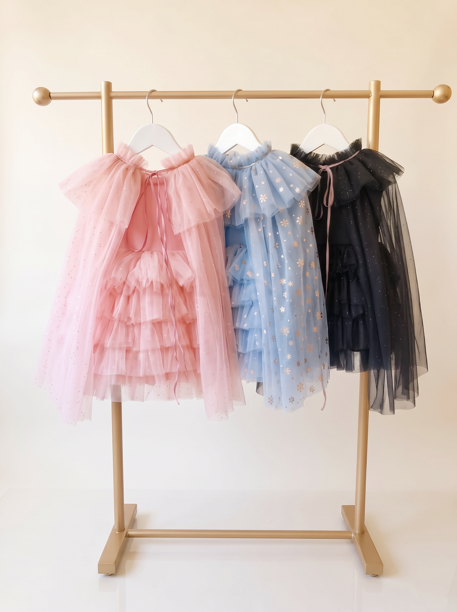 Tulle cape dresses in pink, blue and black on a gold rack